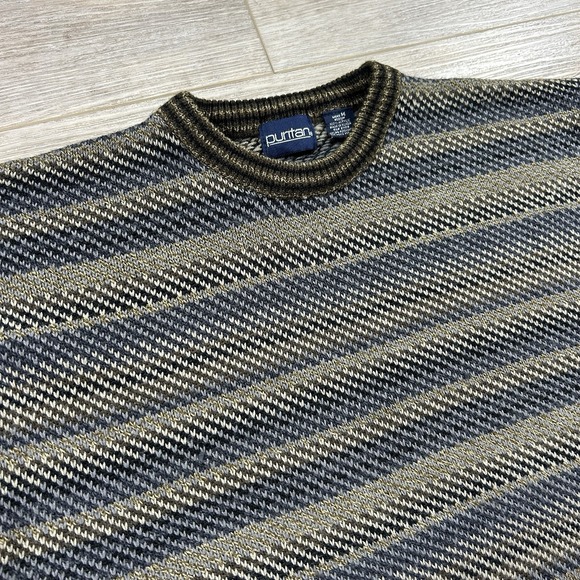 Vintage Puritan Mens Medium Blue & Beige Striped Knit Sweater Pullover 90s Dad - Picture 2 of 10